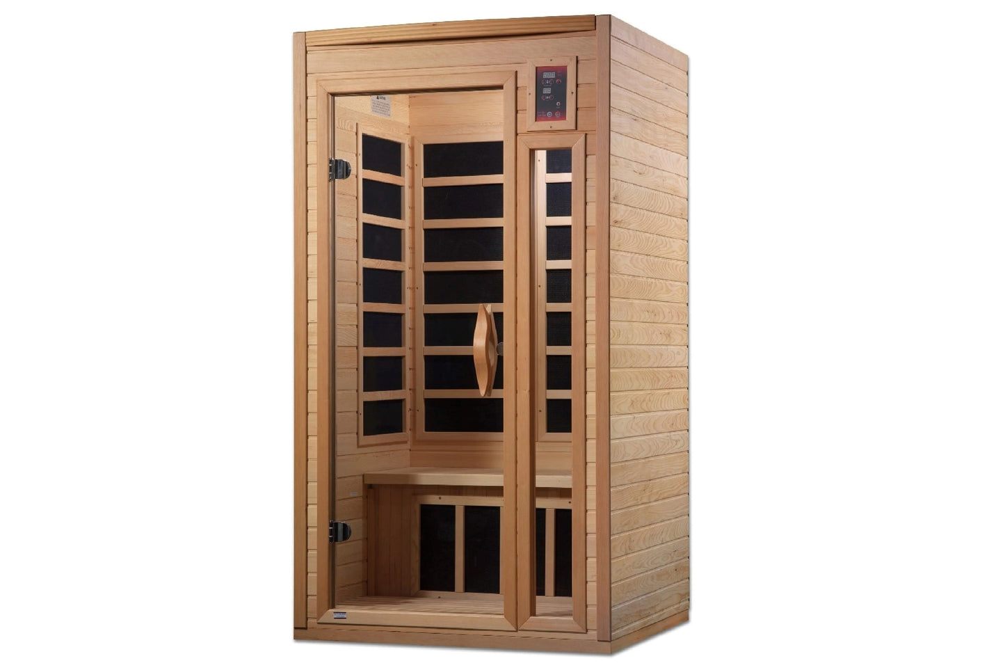 Golden Designs far infrared sauna with natural wood construction, black glass panels, digital control panel, and bench seatin