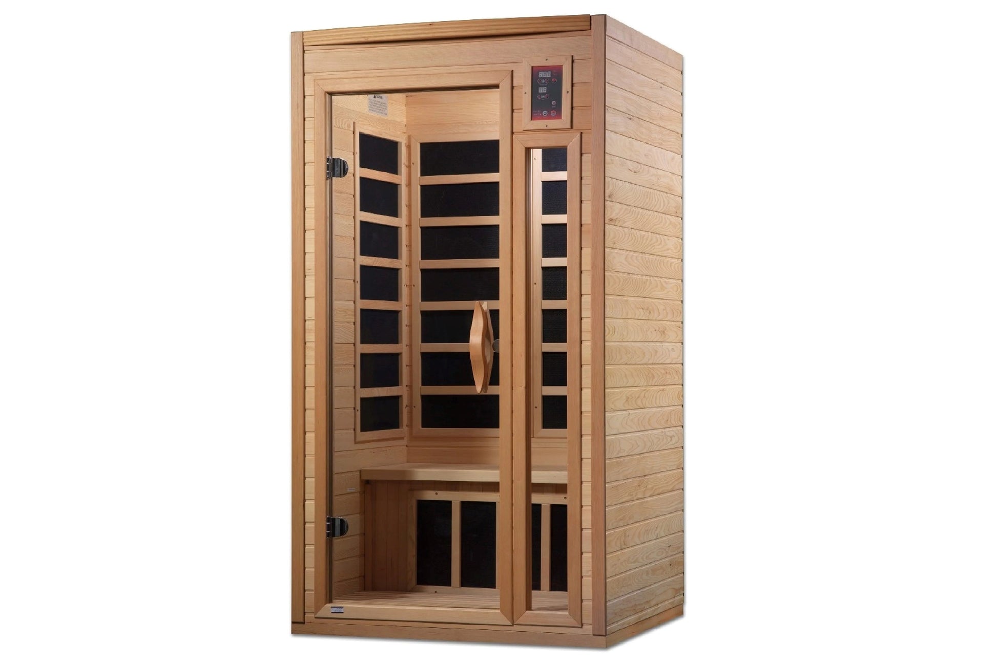Golden Designs far infrared sauna with natural wood construction, black glass panels, digital control panel, and bench seatin