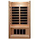 Golden Designs near zero EMF far infrared sauna with light wood frame, black glass doors and interior panels, front view on w