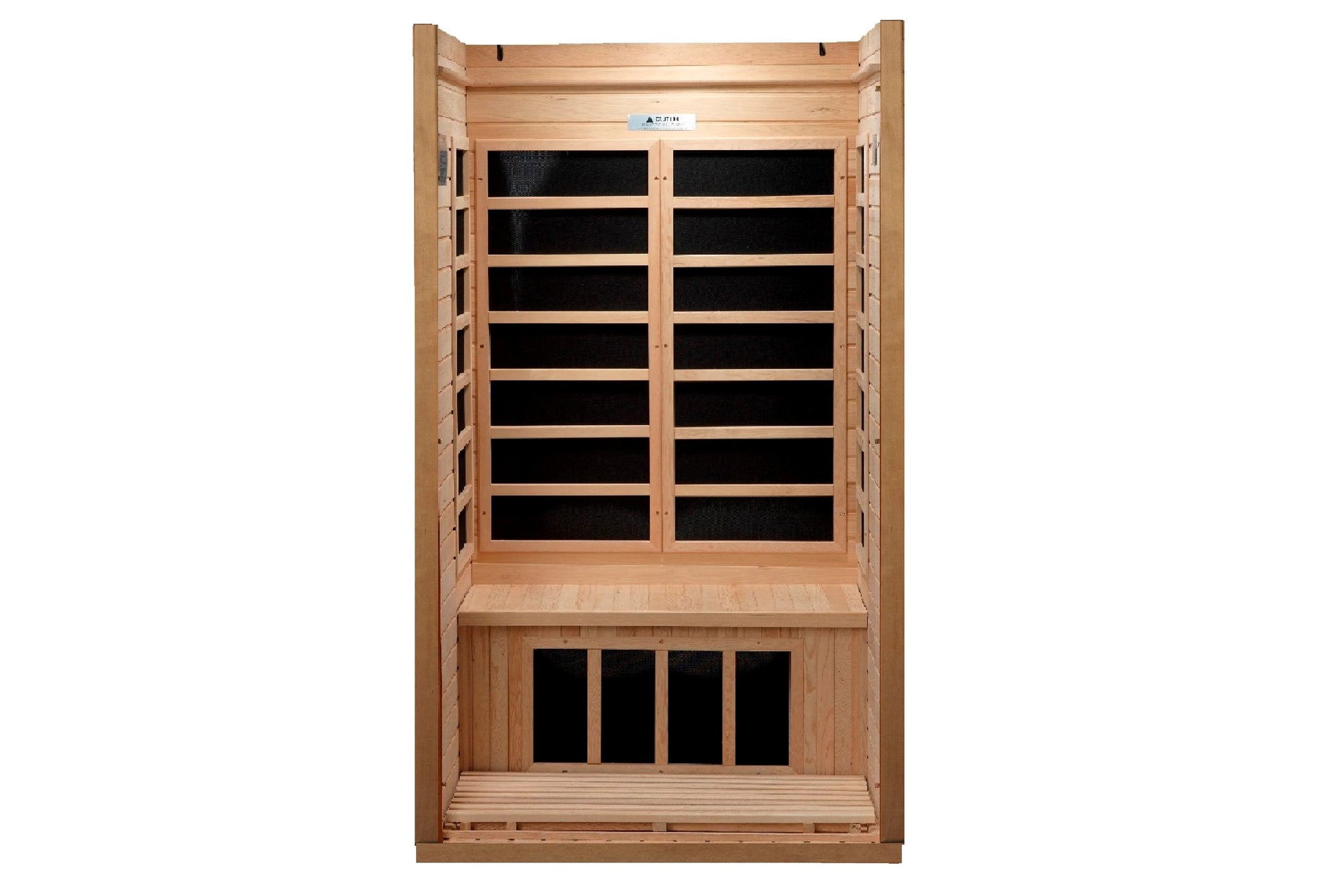 Golden Designs near zero EMF far infrared sauna with light wood frame, black glass doors and interior panels, front view on w