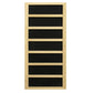 Light wood framed sauna with seven black horizontal panels separated by light wood dividers, viewed straight on against white