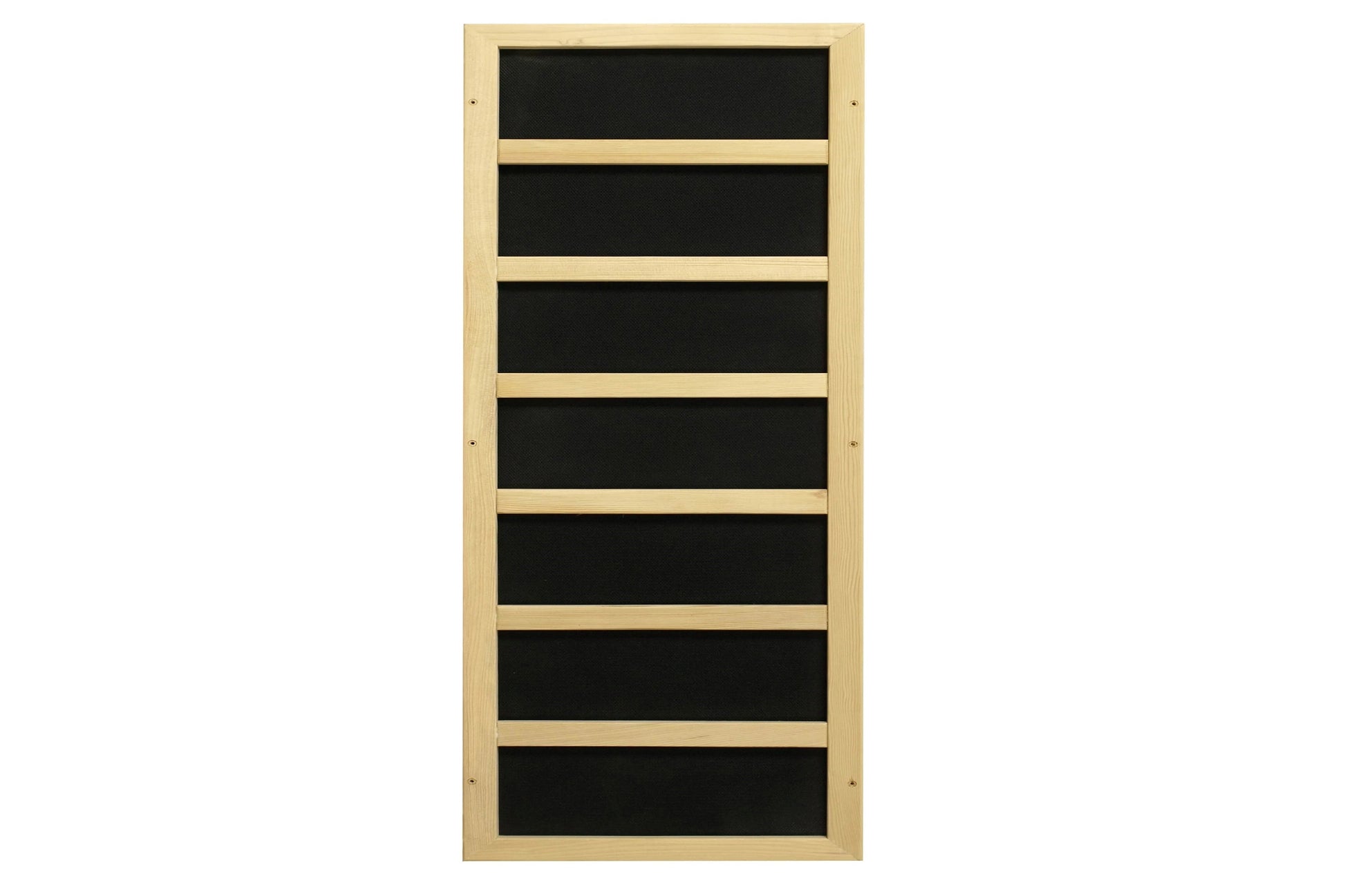 Light wood framed sauna with seven black horizontal panels separated by light wood dividers, viewed straight on against white