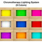 Chromotherapy lighting system with nine color options in wooden frame panels displaying yellow, green, magenta, white, blue, 