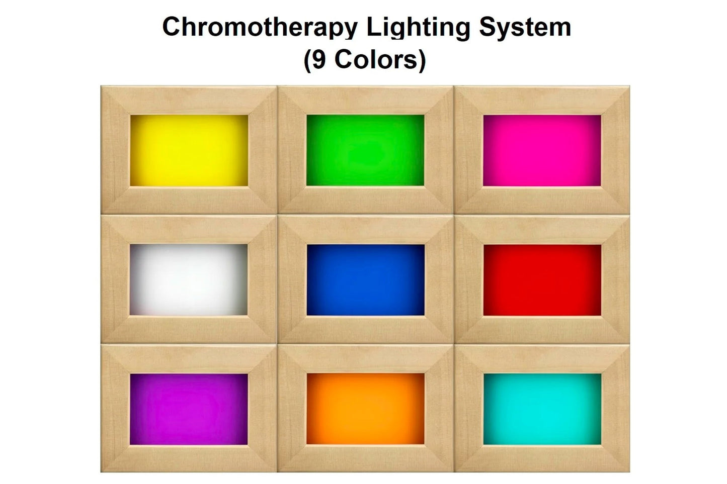 Chromotherapy lighting system with nine color options in wooden frame panels displaying yellow, green, magenta, white, blue, 