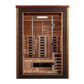 Golden Designs Nora 2-person infrared sauna with light wood interior, dark wood exterior frame, glass front door, and heating