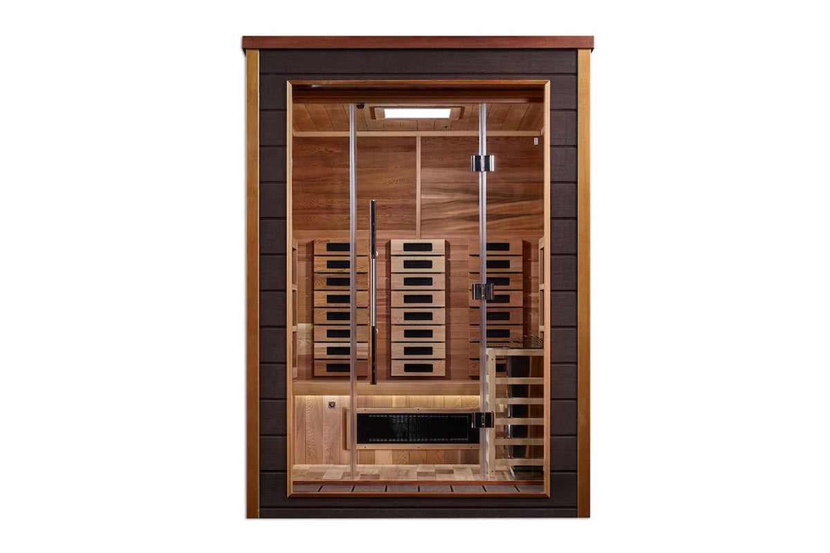 Golden Designs Nora 2-person infrared sauna with light wood interior, dark wood exterior frame, glass front door, and heating