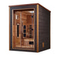 Golden Designs Nora 2-person indoor sauna with dark exterior, light wood interior, glass doors, and infrared heater panels vi