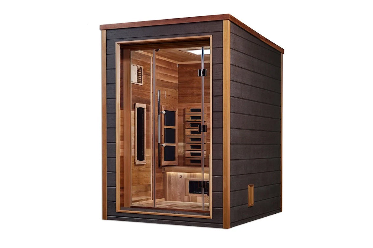 Golden Designs Nora 2-person indoor sauna with dark exterior, light wood interior, glass doors, and infrared heater panels vi