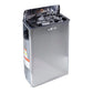 Harvia stainless steel sauna heater with black top compartment filled with gray stones, on white background