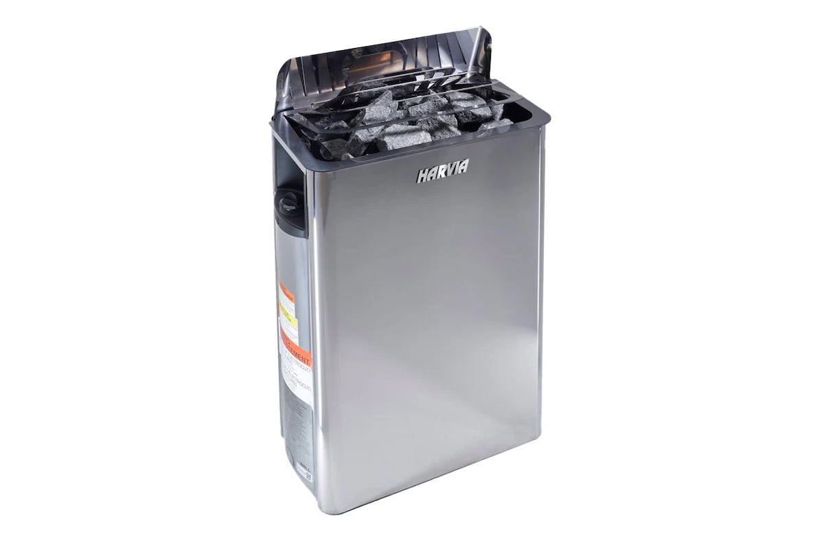 Harvia stainless steel sauna heater with black top compartment filled with gray stones, on white background