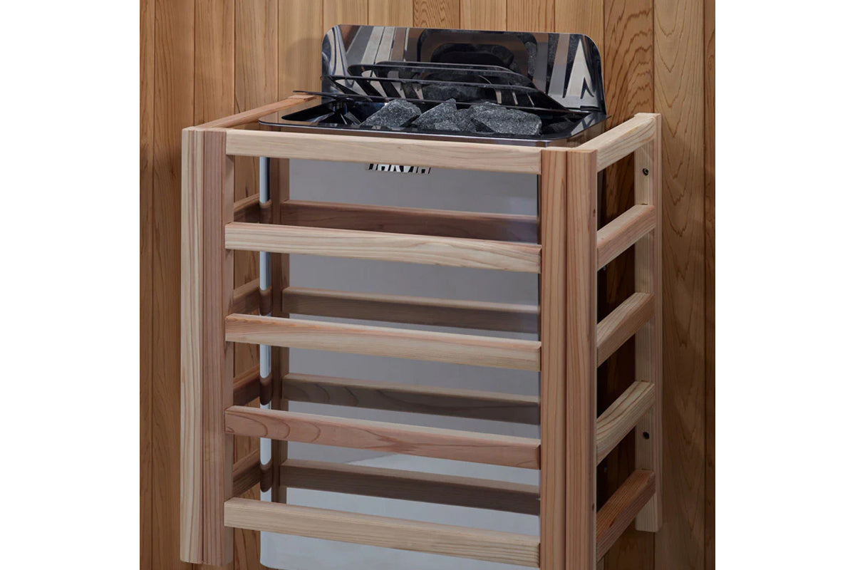 Natural wood sauna cabinet with black interior, open grill top, and multiple wooden shelves, on wood floor background