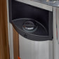 Black control panel with rotary dial and power button on sauna door, stainless steel frame visible