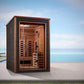 Golden Designs Nora 2-person sauna with dark brown exterior, cedarwood interior, glass door, and infrared heaters on oceansid