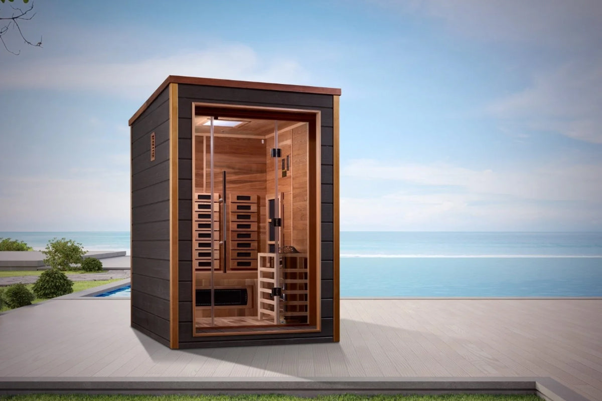 Golden Designs Nora 2-person sauna with dark brown exterior, cedarwood interior, glass door, and infrared heaters on oceansid