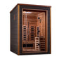 Two-person infrared sauna with dark gray exterior, wood trim, and glass door revealing cedar interior with heating panels and