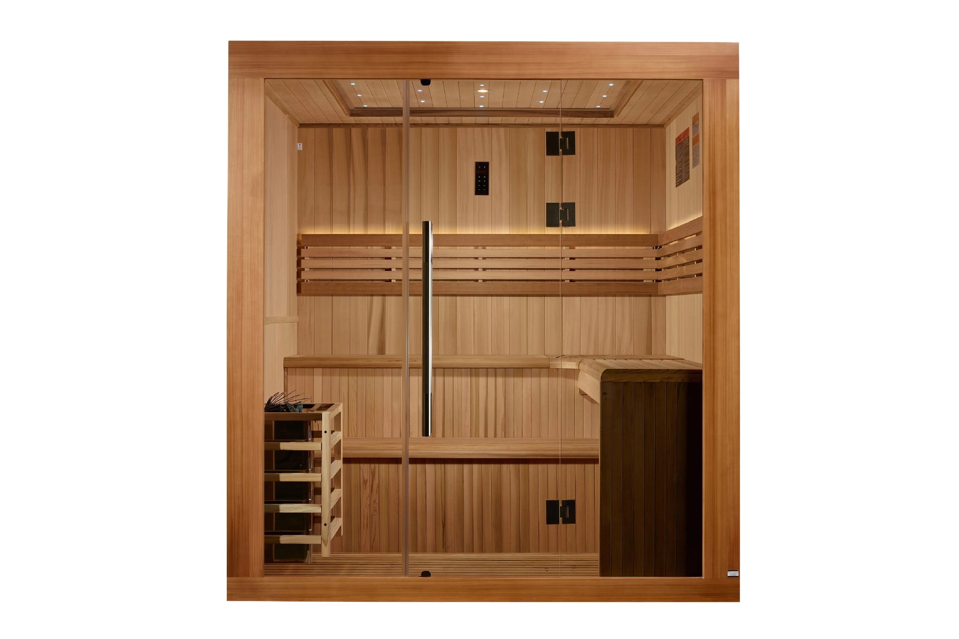Golden Designs Osla Edition 6-person traditional sauna with light wood interior, glass door, bench seating, heater stove, and