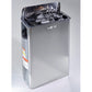 Harvia stainless steel sauna heater with black lid open, displaying volcanic rocks inside, on gray background