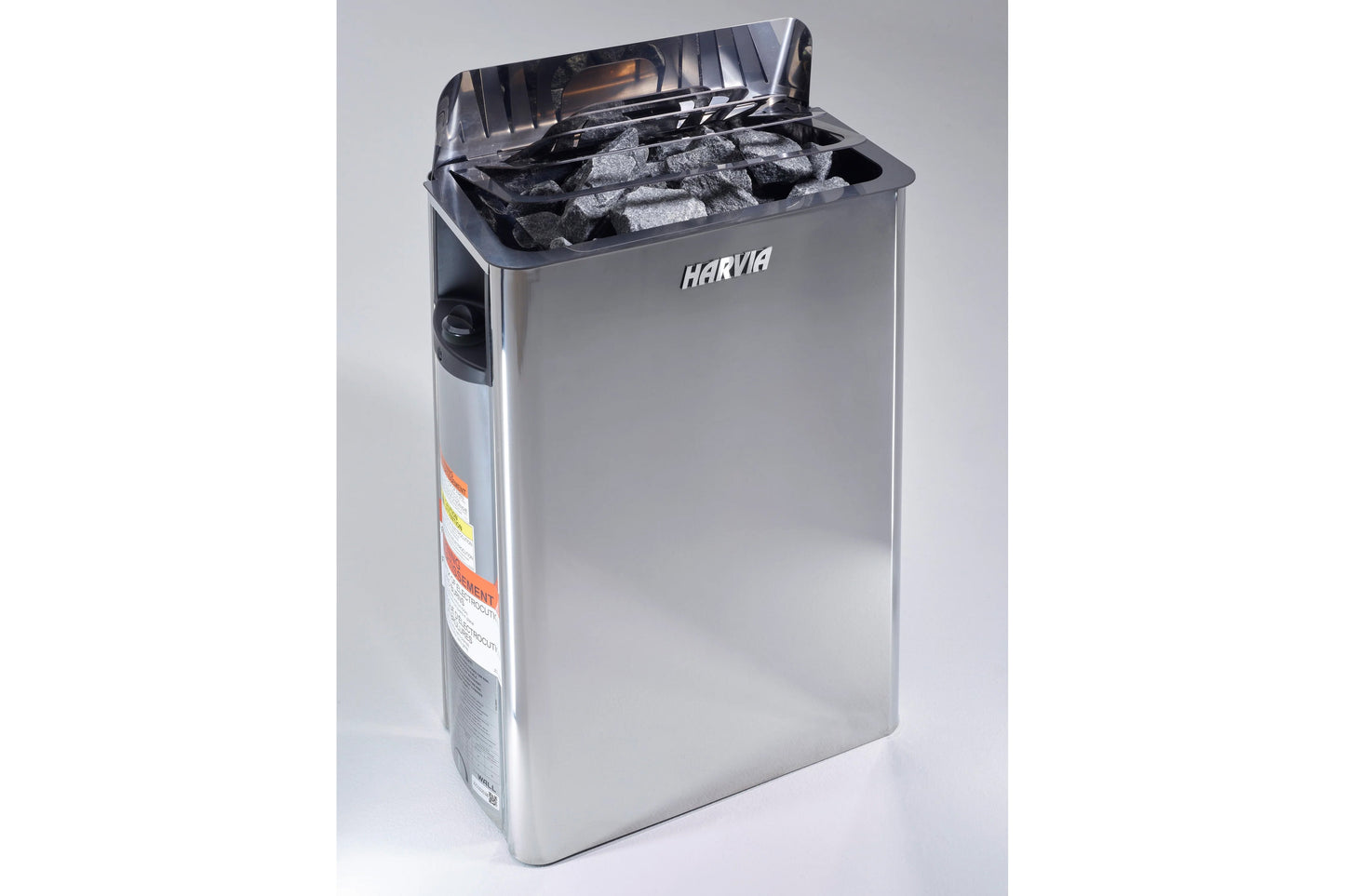 Harvia stainless steel sauna heater with black lid open, displaying volcanic rocks inside, on gray background