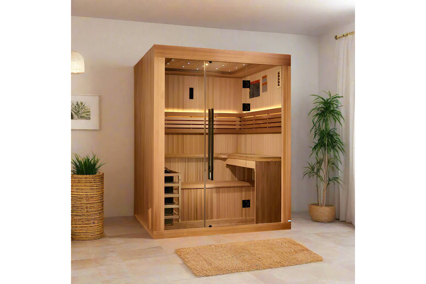 Golden Designs Osla Edition 6-person traditional sauna with cedar wood construction, glass door, and benches in spa room sett
