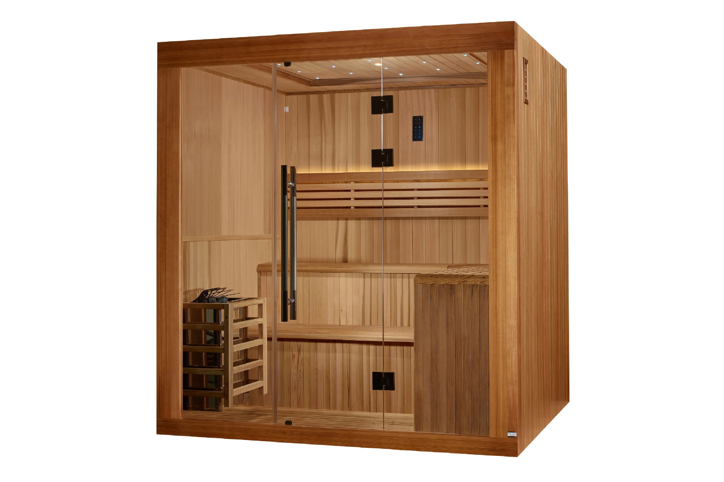 Golden Designs Osla Edition 6-person traditional sauna with cedar wood interior, glass door, built-in benches, and control pa