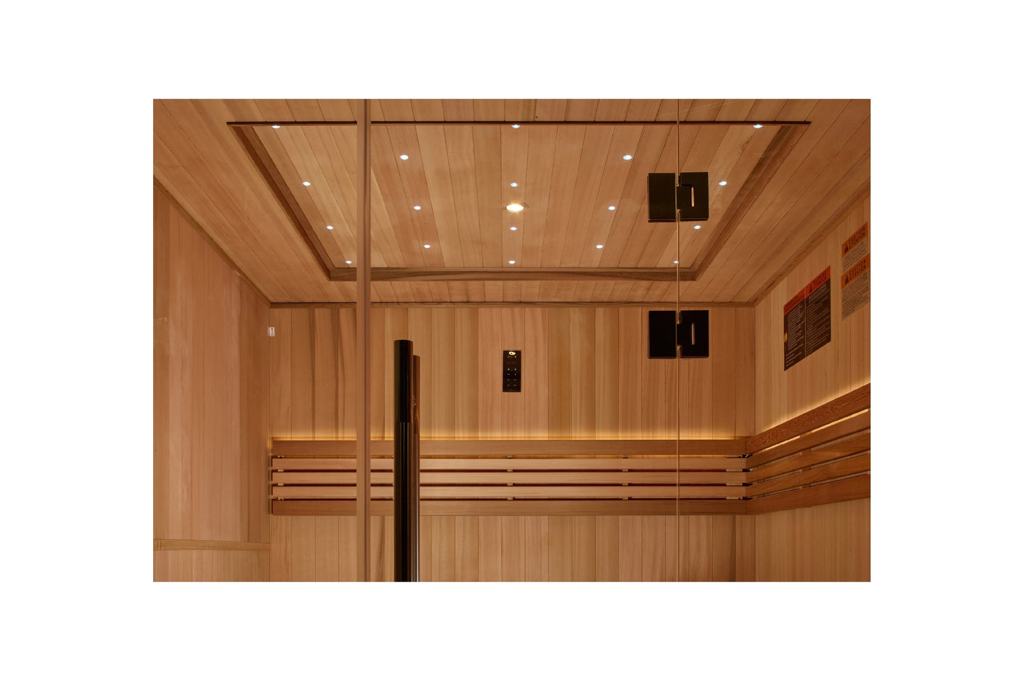 Golden Designs Osla Edition 6-person traditional sauna with light wood interior, built-in benches, recessed ceiling lights, a