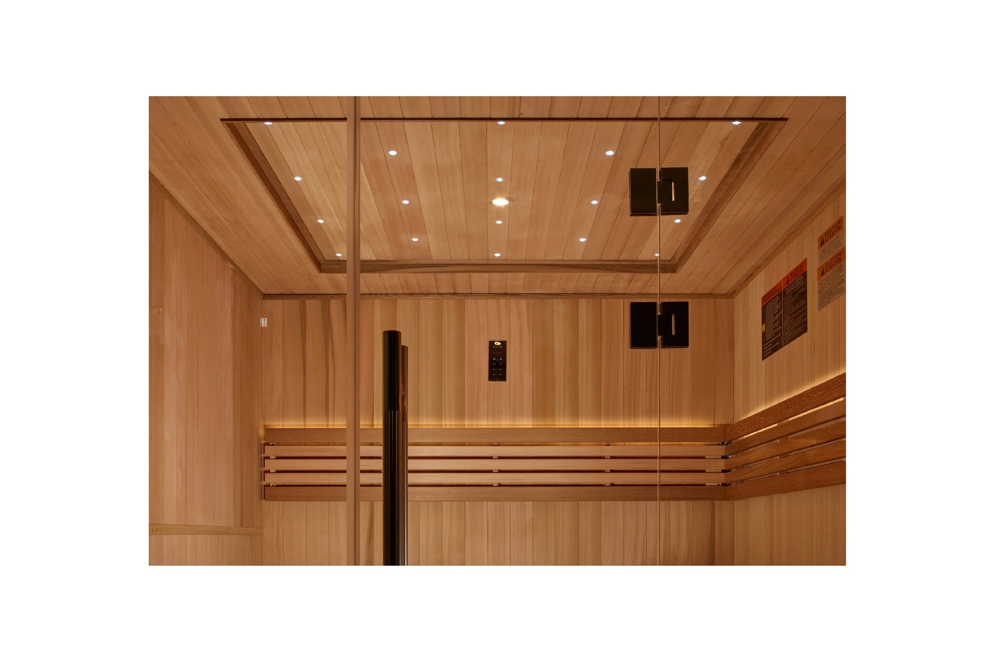 Golden Designs Osla Edition 6-person traditional sauna with light wood interior, built-in benches, recessed ceiling lights, a