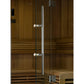 Golden Designs Osla Edition sauna with glass door, chrome pull handles, and wooden interior with horizontal bench seating
