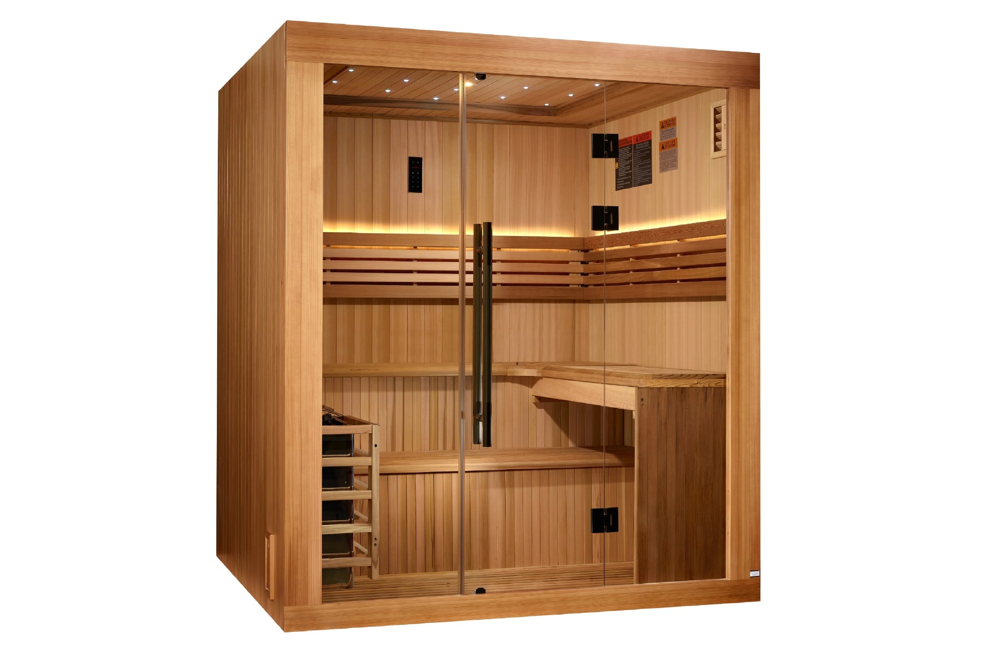 Golden Designs "Osla Edition" 6-person traditional sauna with cedar wood construction, glass double doors, interior benches, 