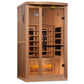 Cedar infrared sauna cabinet with dual glass doors, interior heating panels, and illuminated Himalayan salt bar at base on wh