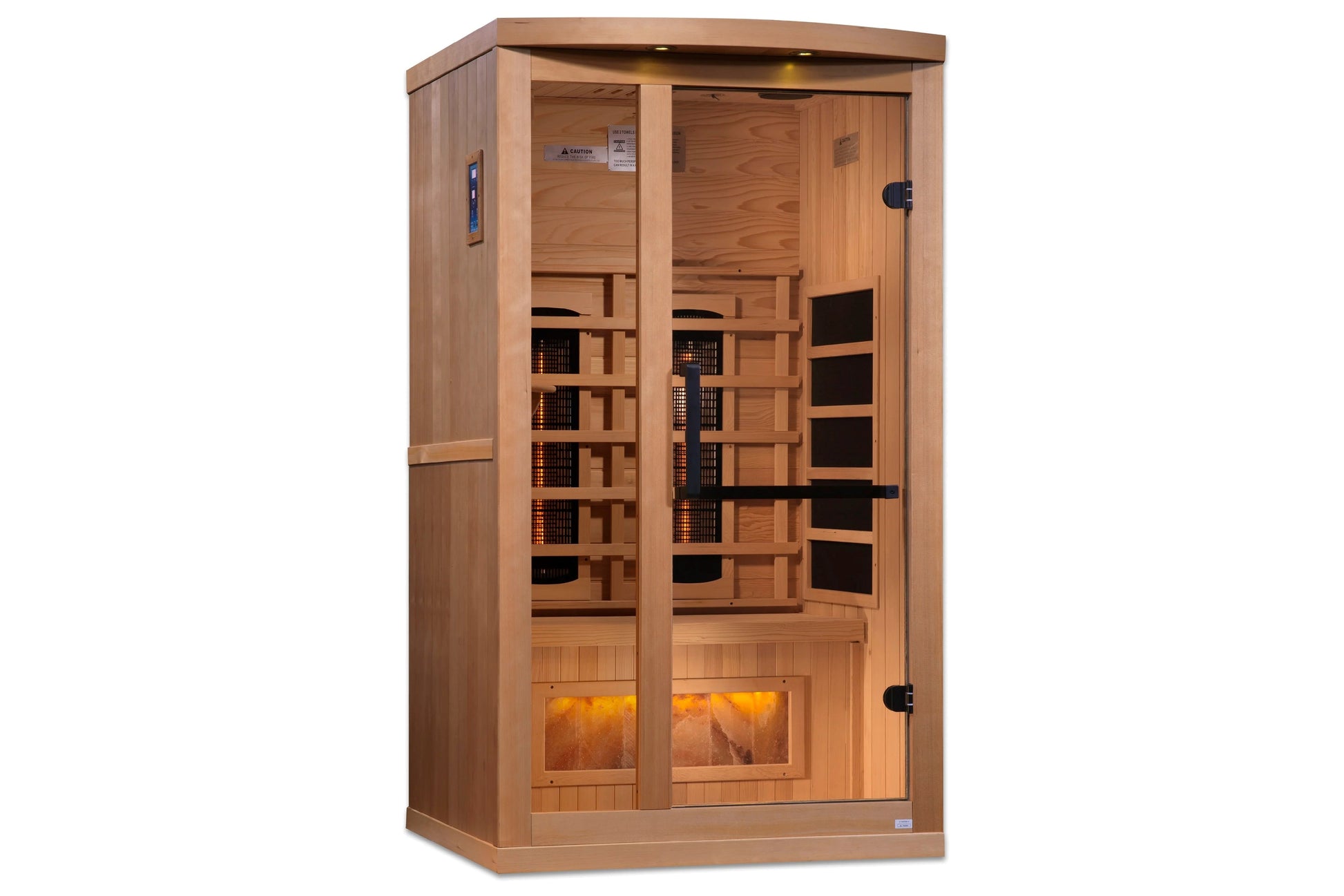 Cedar infrared sauna cabinet with dual glass doors, interior heating panels, and illuminated Himalayan salt bar at base on wh