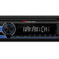 Nakamichi car stereo receiver with black faceplate, blue-lit digital display showing Nakamichi text, blue-trimmed knobs and b