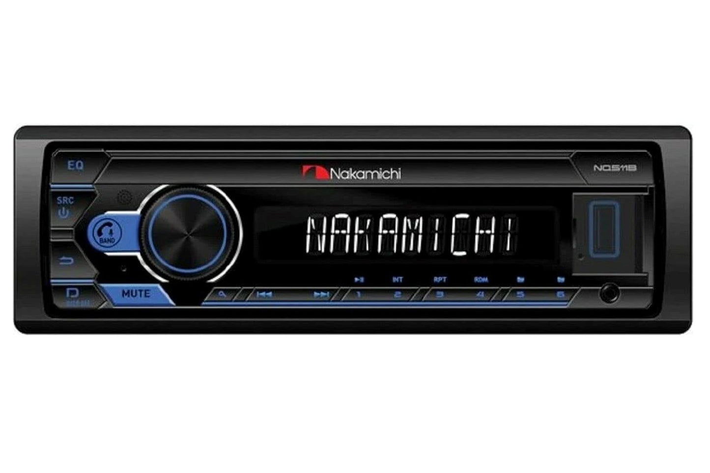 Nakamichi car stereo receiver with black faceplate, blue-lit digital display showing Nakamichi text, blue-trimmed knobs and b