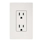 White dual outlet receptacle with black slots mounted on light gray wall plate