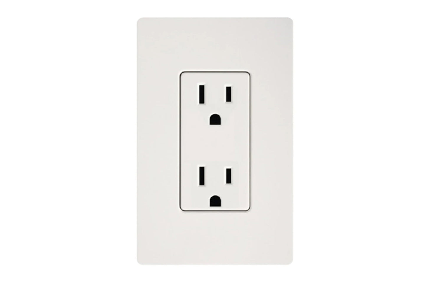 White dual outlet receptacle with black slots mounted on light gray wall plate