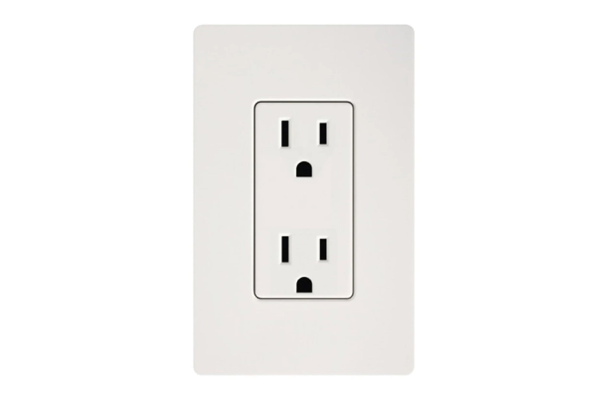 White dual outlet receptacle with black slots mounted on light gray wall plate