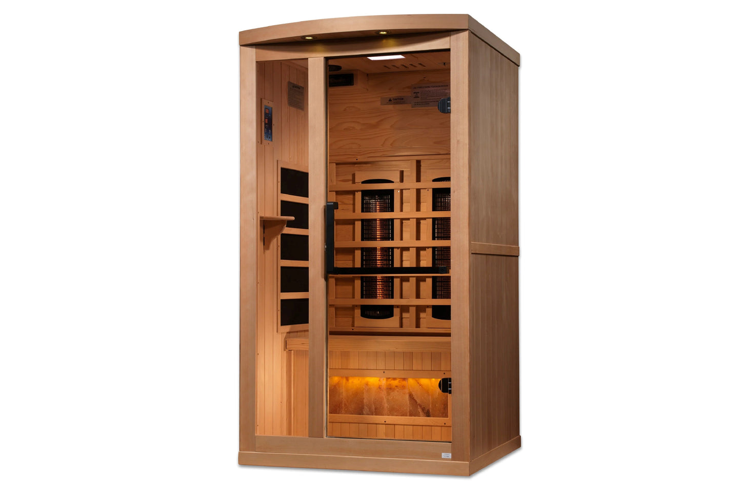 Light wood infrared sauna cabin with glass door, black interior heaters, and glowing amber salt bar at base, shown on white b