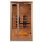 Two-person infrared sauna with light wood construction, glass front door, internal heaters, and glowing Himalayan salt bar at