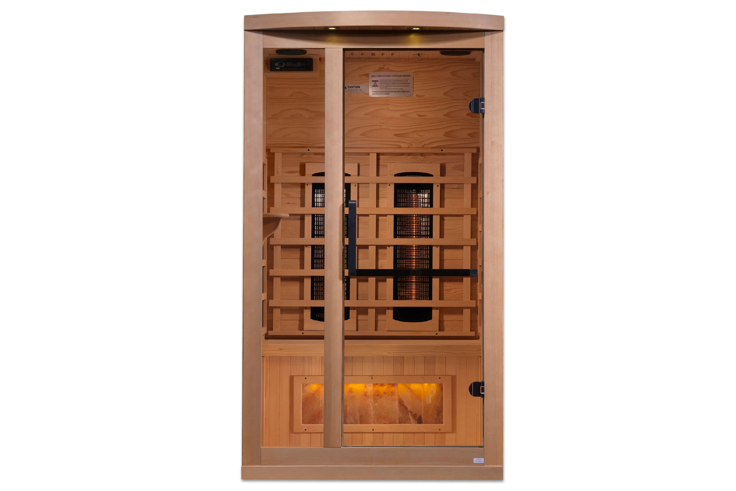 Two-person infrared sauna with light wood construction, glass front door, internal heaters, and glowing Himalayan salt bar at