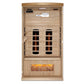 Natural wood infrared sauna with two heating panels, glowing orange interior light, and Himalayan salt bar at bottom, viewed 