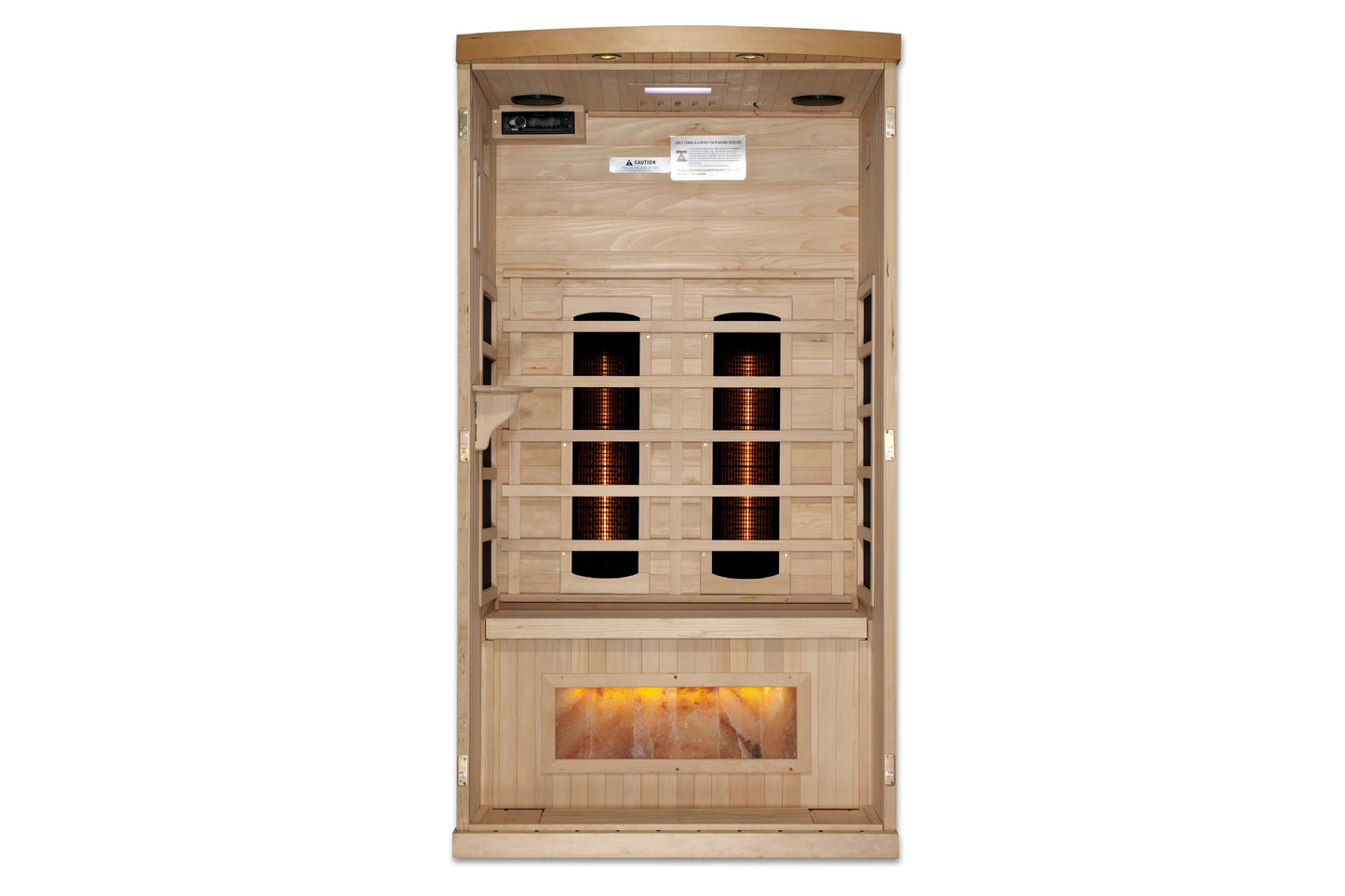 Natural wood infrared sauna with two heating panels, glowing orange interior light, and Himalayan salt bar at bottom, viewed 