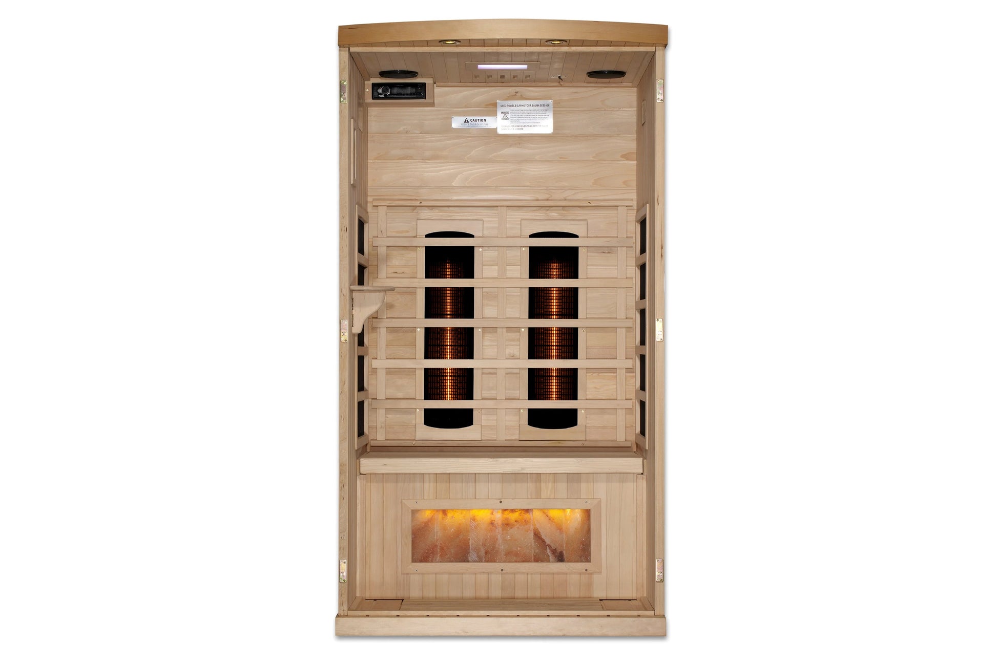 Natural wood infrared sauna with two heating panels, glowing orange interior light, and Himalayan salt bar at bottom, viewed 