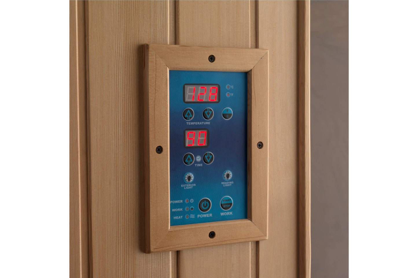 Natural wood control panel with blue face displaying red LED temperature and time readouts, mounted on wooden wall