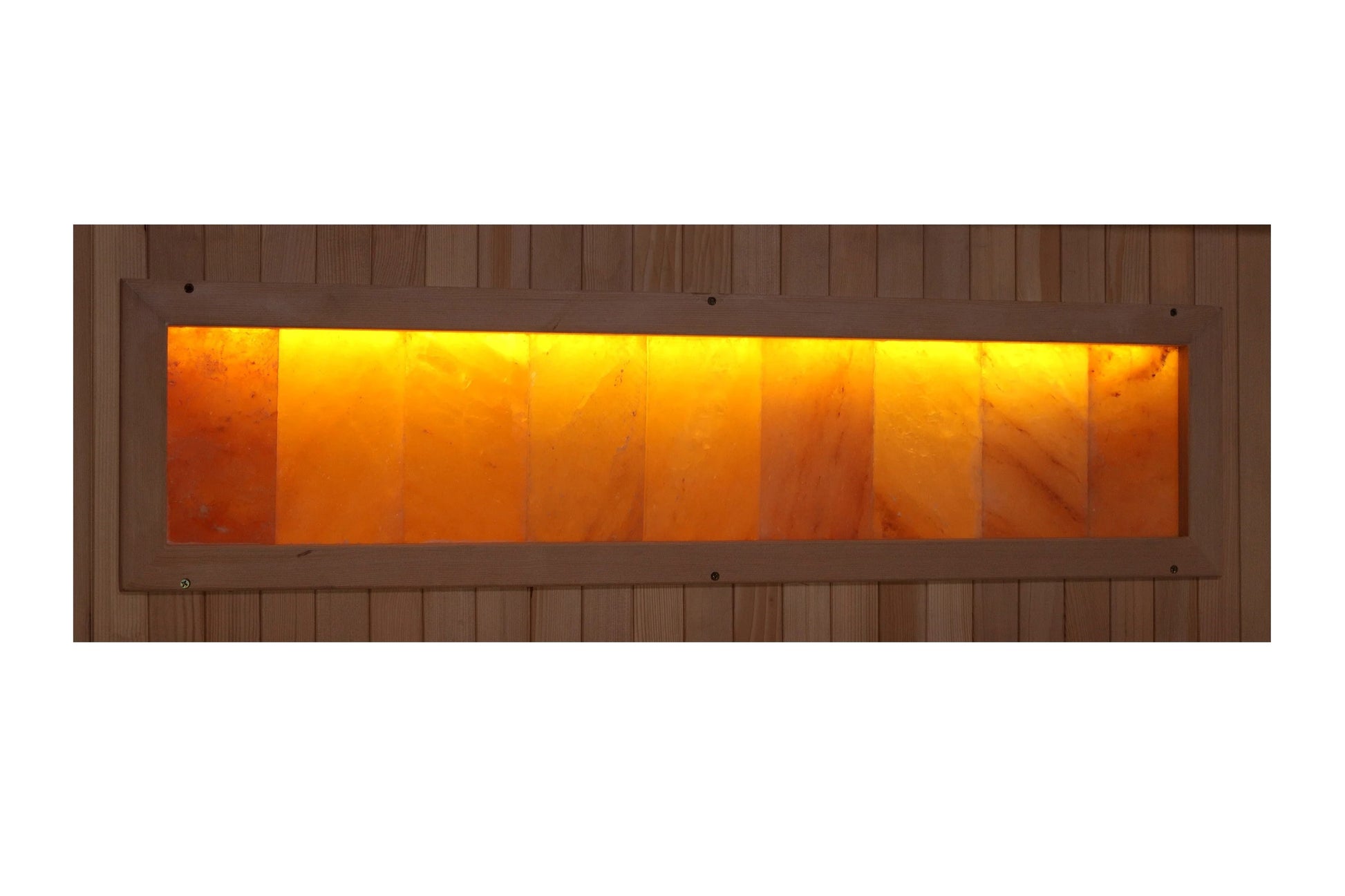 Golden Designs Reserve Edition 3-person infrared sauna with glowing orange Himalayan salt bar window and wood exterior on whi