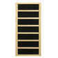 Natural wood frame infrared sauna with seven black panel sections separated by light wood dividers, front view on white backg