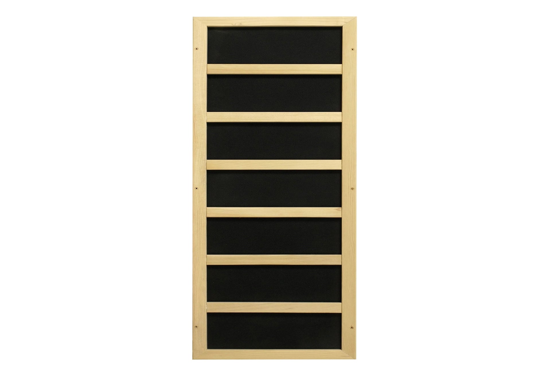 Natural wood frame infrared sauna with seven black panel sections separated by light wood dividers, front view on white backg