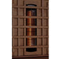 Golden Designs 3-person infrared sauna with black exterior, vertical heating element grid glowing orange and gold, brown wood