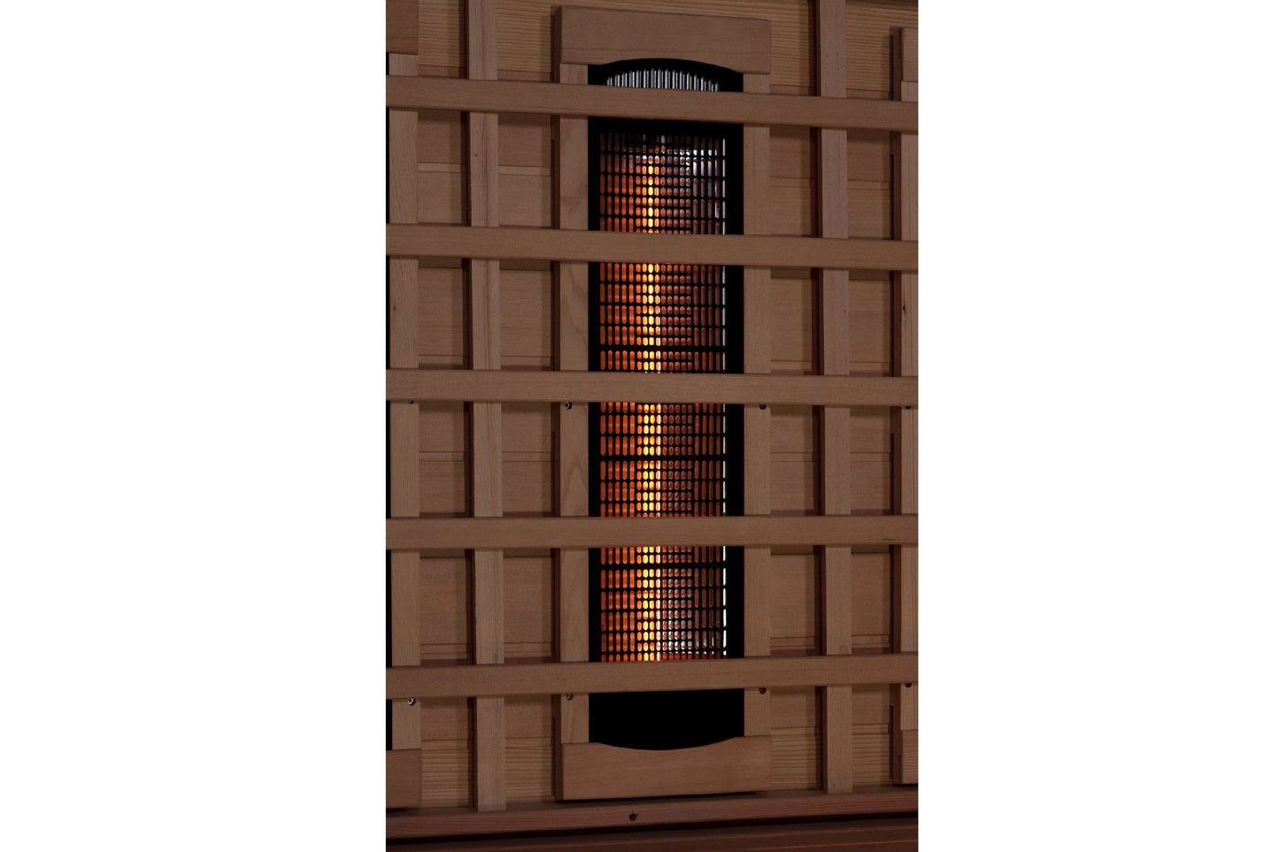 Golden Designs 3-person infrared sauna with black exterior, vertical heating element grid glowing orange and gold, brown wood