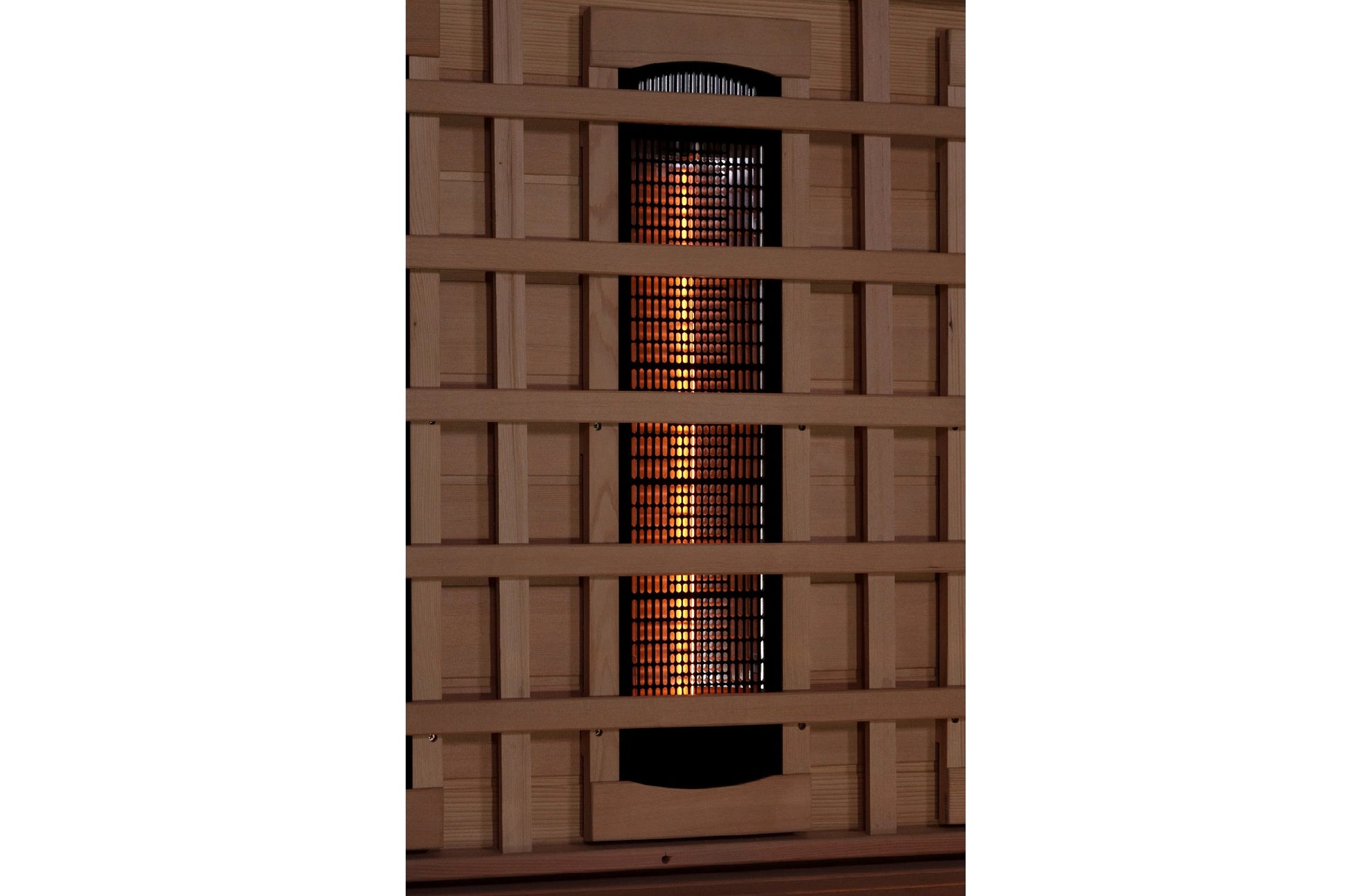 Golden Designs 3-person infrared sauna with black exterior, vertical heating element grid glowing orange and gold, brown wood