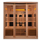 Three-person infrared sauna cabin with light wood construction, glass doors, black interior panels, and amber-toned heating e