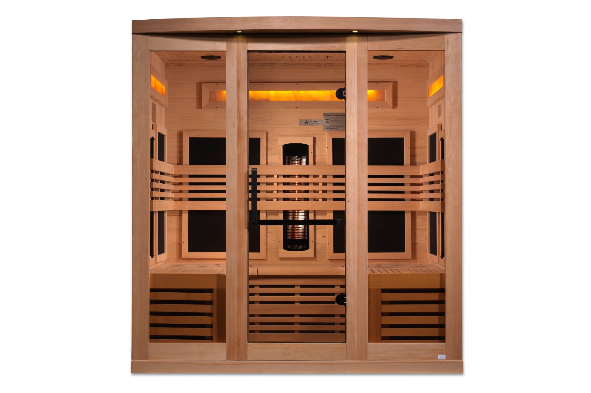 Three-person infrared sauna cabin with light wood construction, glass doors, black interior panels, and amber-toned heating e
